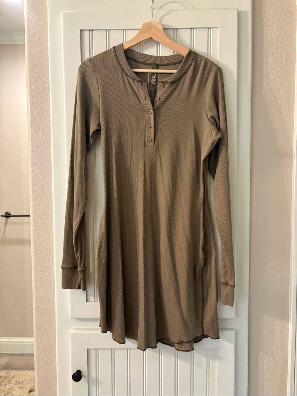 Skims Olive Green Ribbed Henley Tunic Dress